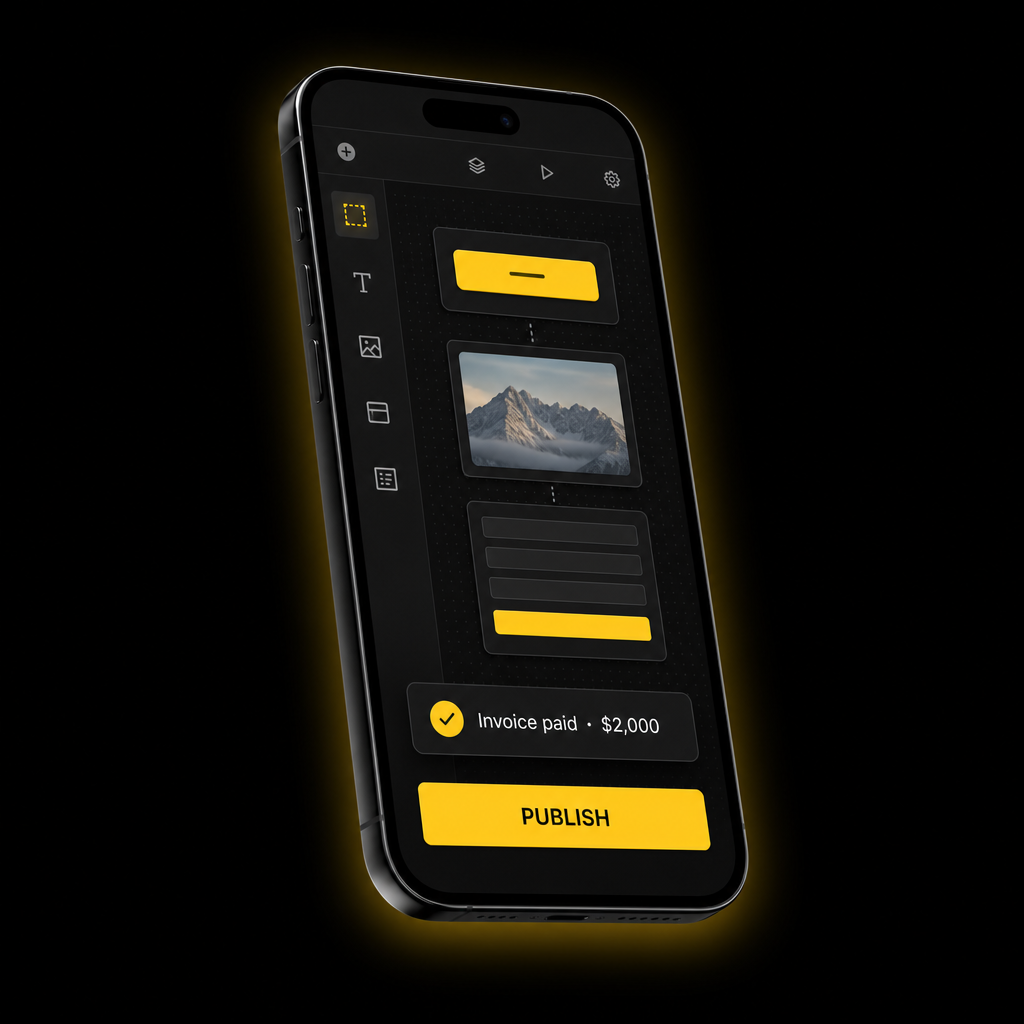No-code app builder shown on a phone with an invoice paid for $2,000